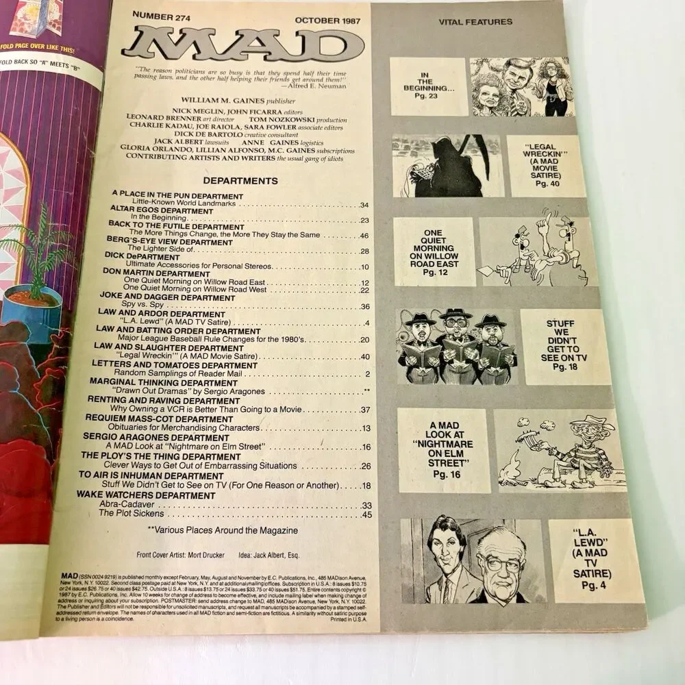 Mad Magazine October 1987 No 274 LA Law, Nightmare on Elm Street, Lethal Weapon